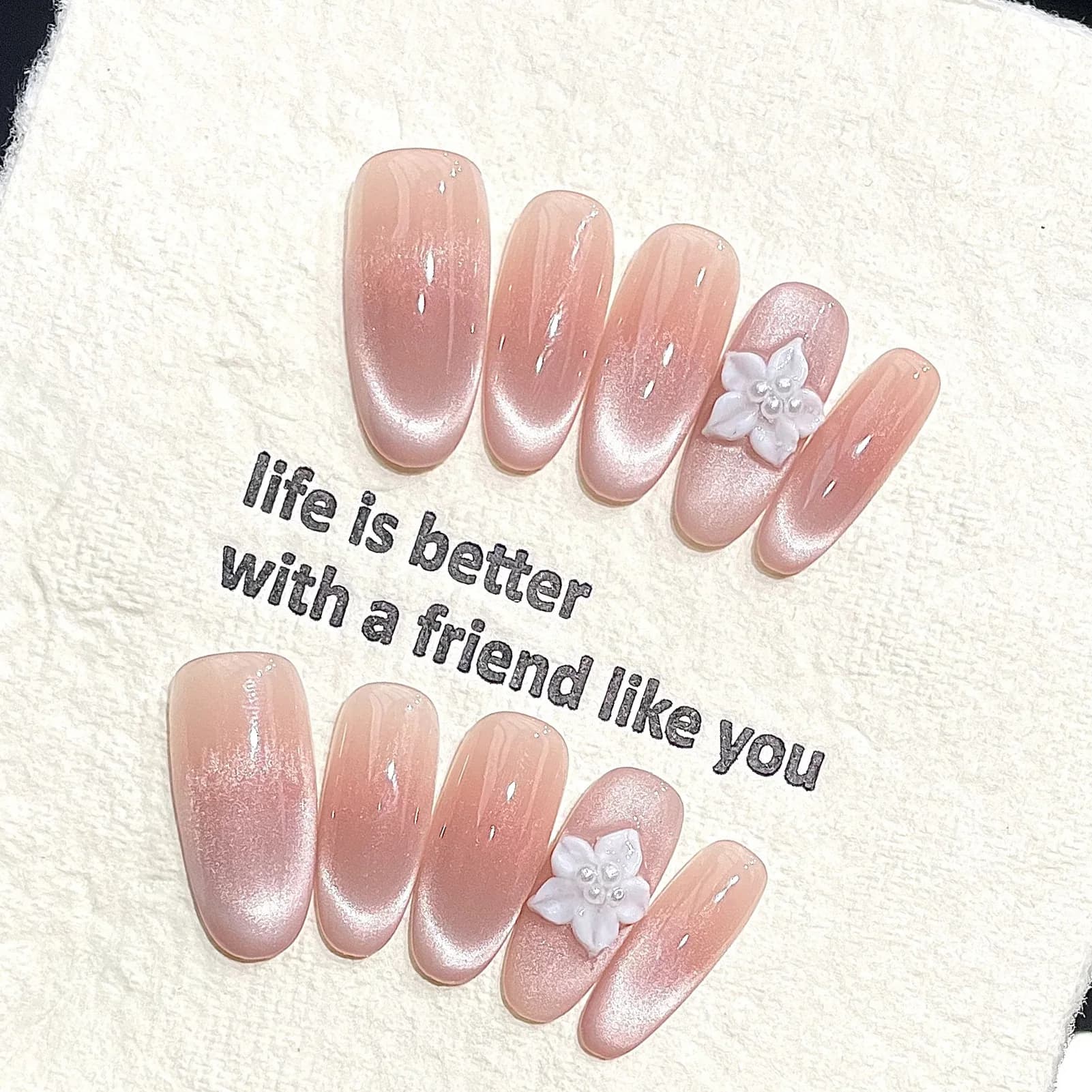 Handmade Ice Through Cat Eyes Fake Nails Long Oval Gradient False Nail Tip Press On Nails With 3D White Flowers Decor Wearable