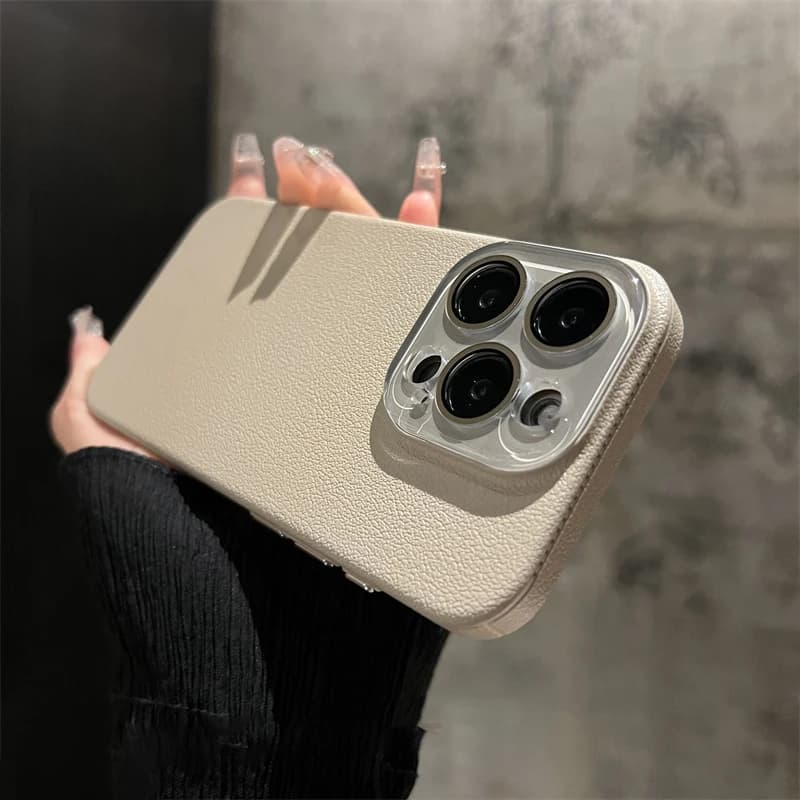 Crystal Glass Lens Protection Lychee Textured Leather Case For iPhone 17 15 16 Pro Max 14 13 12 Shockproof Protection Hard Cover