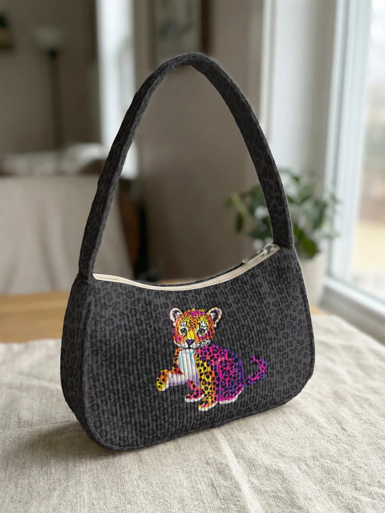 Borsa a Tracolla Trendy con Stampa Leopardata Colorata, Borsa Sottobraccia in Velluto a Coste Nero per Uso Quotidiano Casual