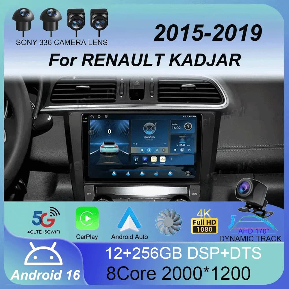 Autoradio Android 16 con Carplay da 9 Pollici per RENAULT KADJAR 2015-2019, Centro Multimediale con Bluetooth, 4G, Wifi, Telecamera Posteriore e Display Touch