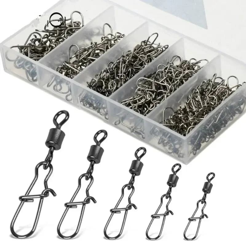 50pc/box Stainless Steel Fishing Connector Pin 4#6#8#10#12# Bearing Rolling Swivel with Snap Fishhook Lure Accessories