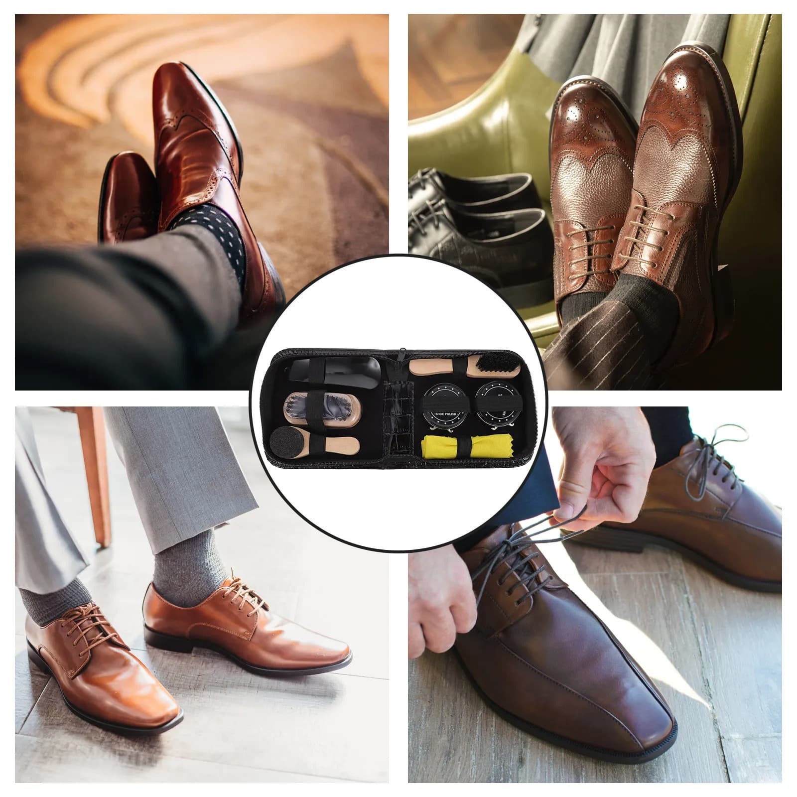 Kit di cura per scarpe marrone chiaro, portatile e resistente, con spazzola e crema per la pulizia, per uomo e donna, strumento per lucidare le scarpe.