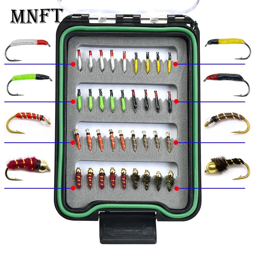 36 mosche per pesca a mosca con kit scatola impermeabile per spigola trota salmone mosche secche legate a mano, ninfa, esche per stelle filanti scud