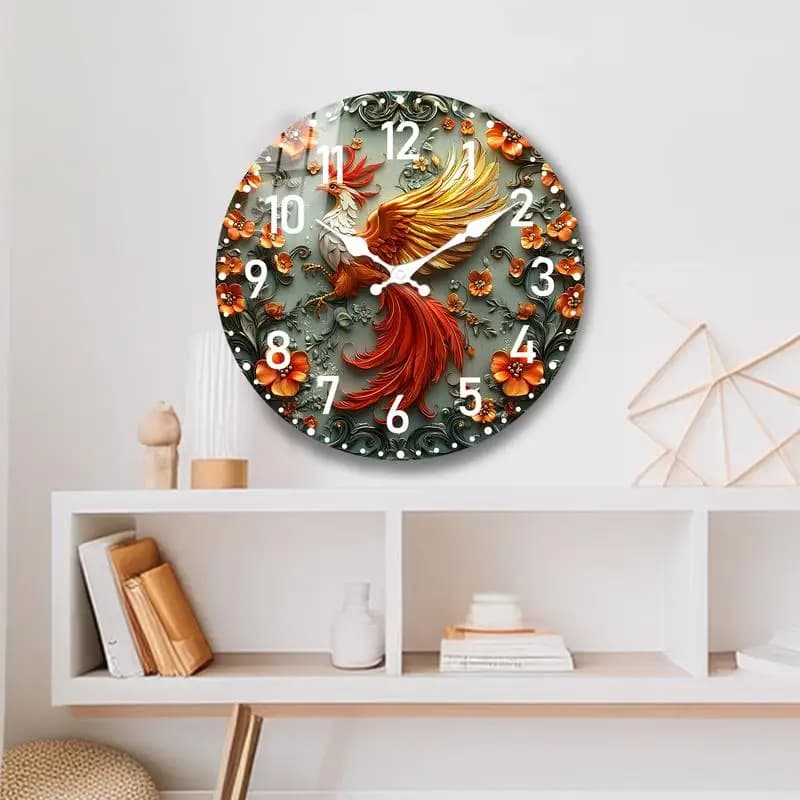 Phoenix Amidst Floral Patterns Round Quartz Wood Analogue silent wall clock, ideal as a Christmas gift for loved ones