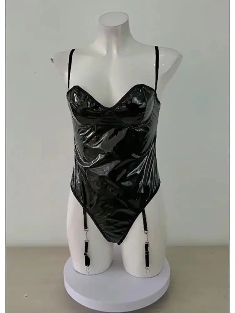 S-XXL Spaghetti Stap Breast Shaped Wet Effect Swimwear Catsuit PVC Polished PU Leather Dressing Sexy Clubwear Belt for Body Teddy Bearings