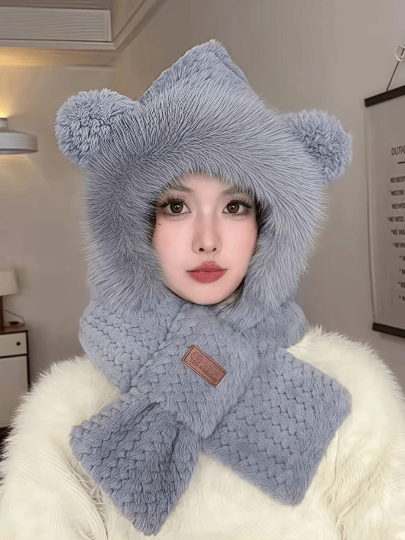 Winter riding warm knitted hat plush bear hat women's scarf integrated fleece neck warmer plush autumn and winter hat
