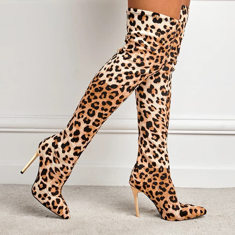 Women's Long Boots Fashionable Slim Heels and Leopard Print Sexy Nightclub Style One Kick Elastic Plus Size Women's Boots