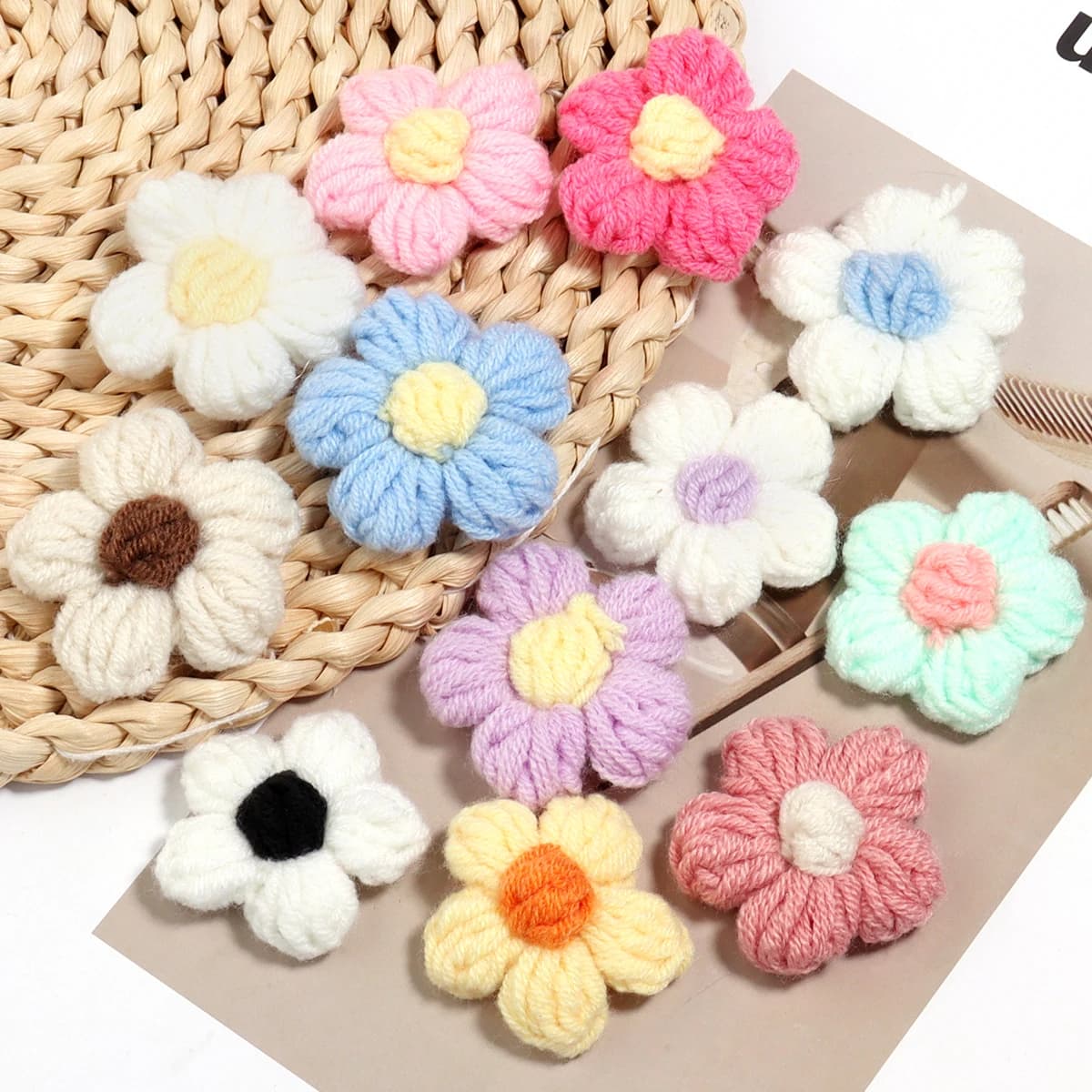 10pcs/lot Hand knitted Flowers Milk Cotton Crocheted Yarn Flowers For DIY Jewelry Hairpin Clothing Bag Decoration Accessories