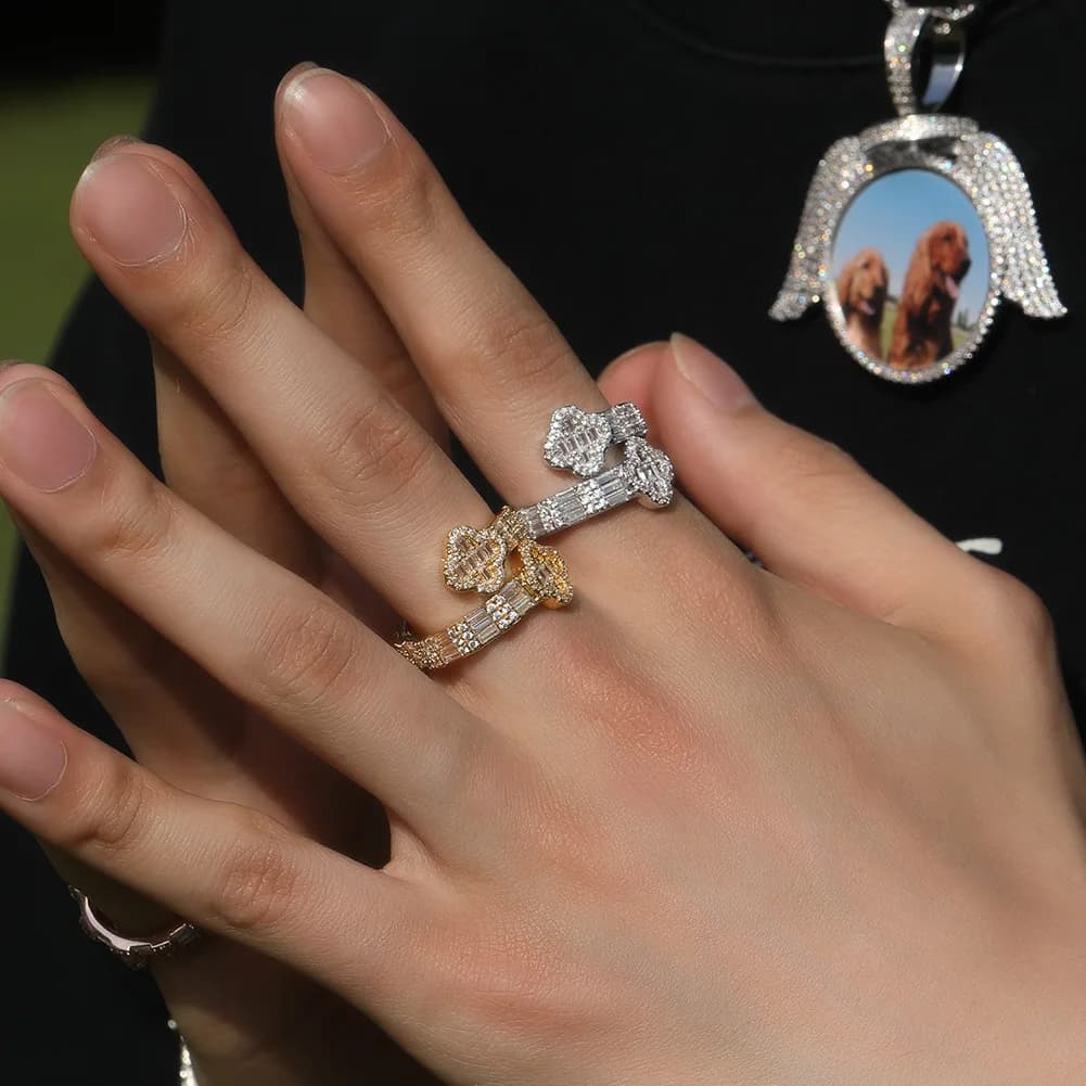 New Fashion Light Luxury Double Trifoil Ring Copper Set with Fashionable Men's Ring Hip Hop Rap with zircons