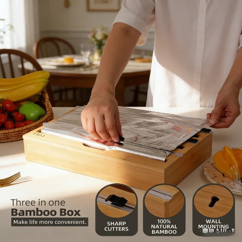 Dispenser Organizzatore 3 in 1 Durevole per Pellicola in Alluminio, Pellicola Alimentare e Carta Cerata con Taglierina, Scatola Salvaspazio per Dispensa