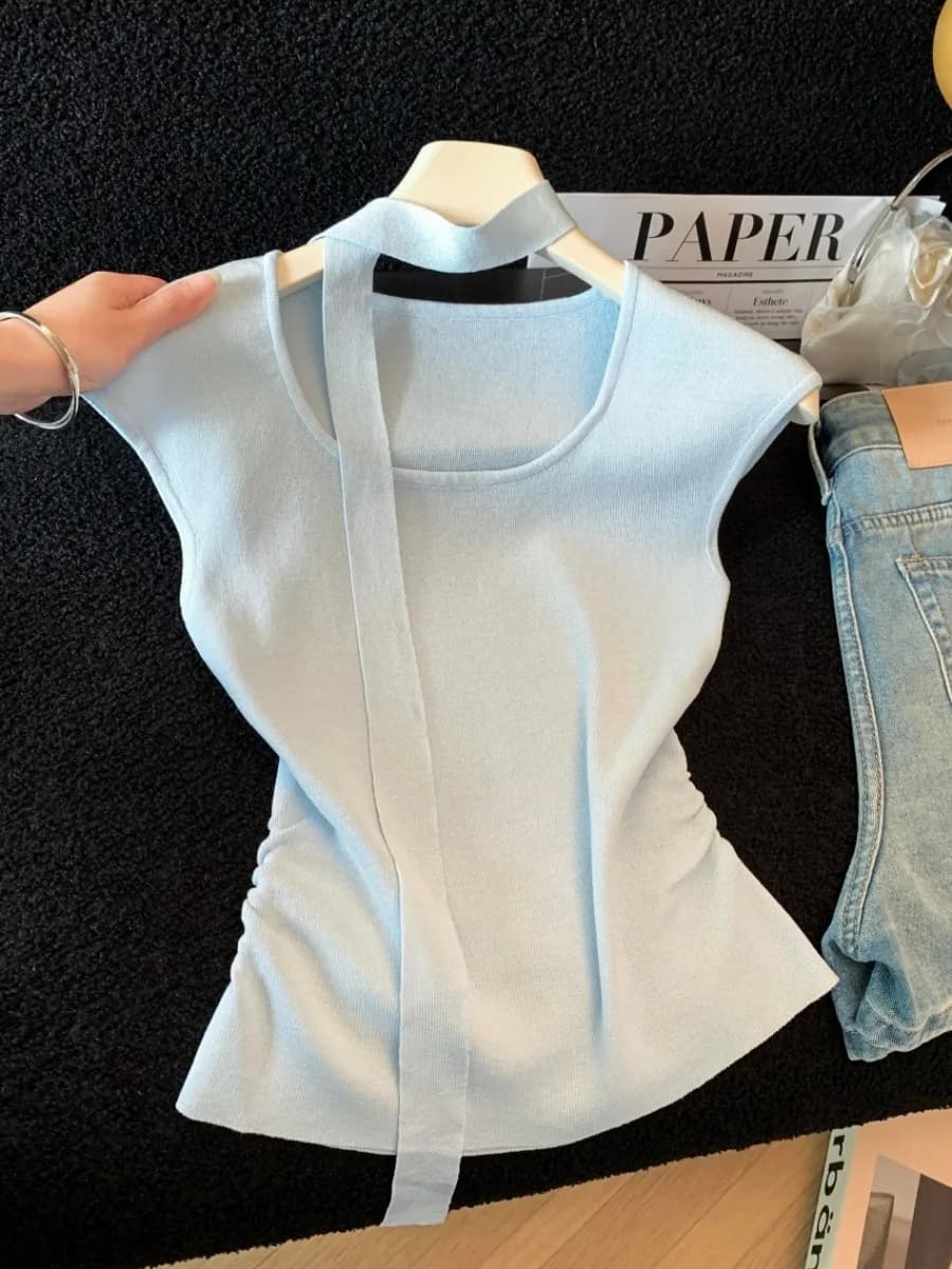 Summer Outerwear Women's Slim Fit Sleeveless Vest Belted Draped Sash Neck Hanging Top Pure Desire Style Casual Knitted Sweater
