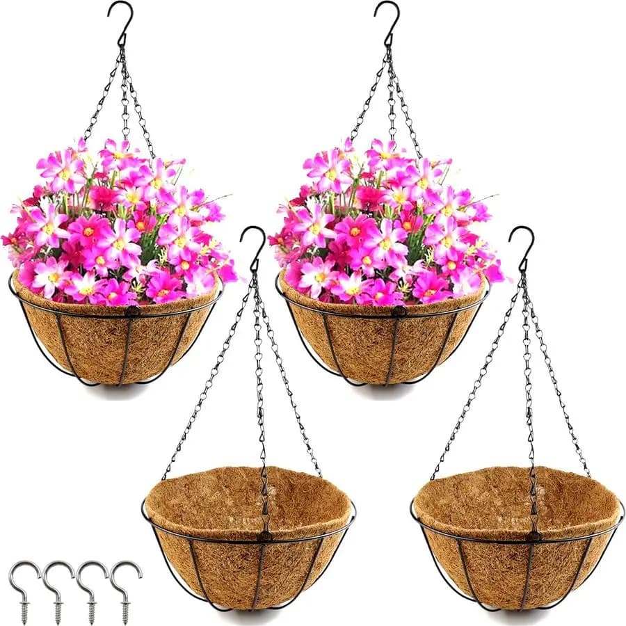 Set of 4 Suspended baskets from 12 Inches for Plants, Large Vases from Flowers from Exterior and Interior with Cock Fiber Coating, Round Plant Door in Wire Metallic