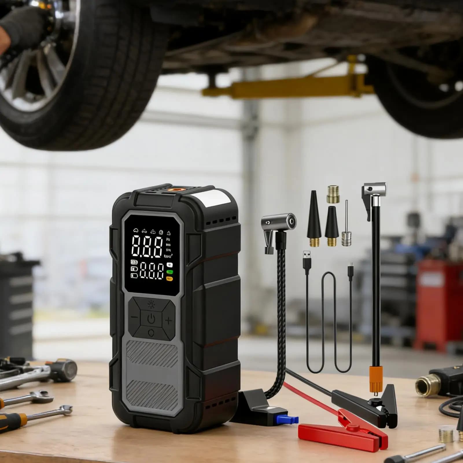 Avviatore di emergenza per batteria per auto Avviatore di emergenza per batteria a LED invernale freddo Accumulatori e caricabatterie di riserva per esterni per gonfiare pneumatici Viaggi lunghi urbani