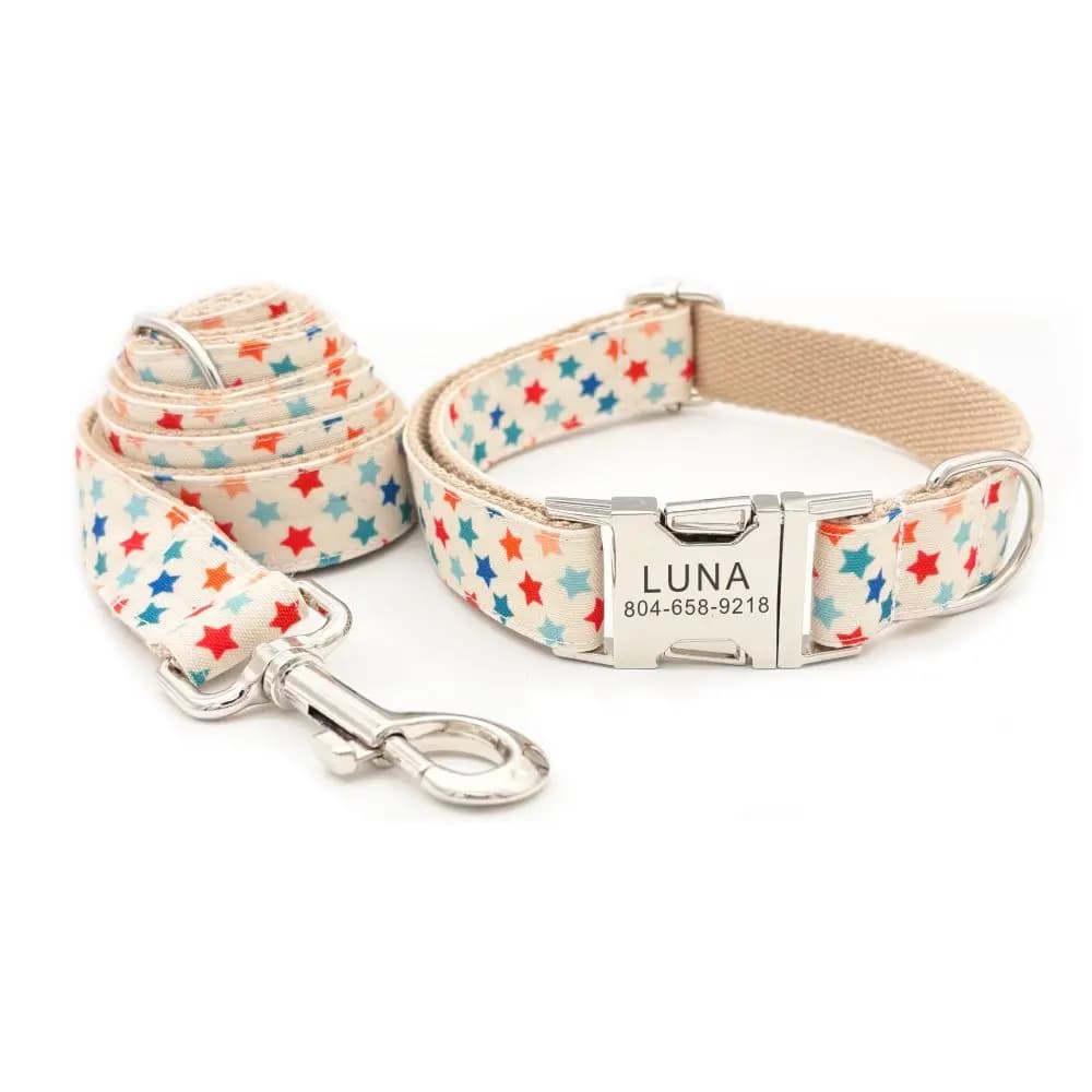 Collare per cani personalizzato con incisione gratuita, guinzaglio per animali abbinato, fibbia in metallo con contatti personalizzati, collare per animali domestici con stelle color caramello