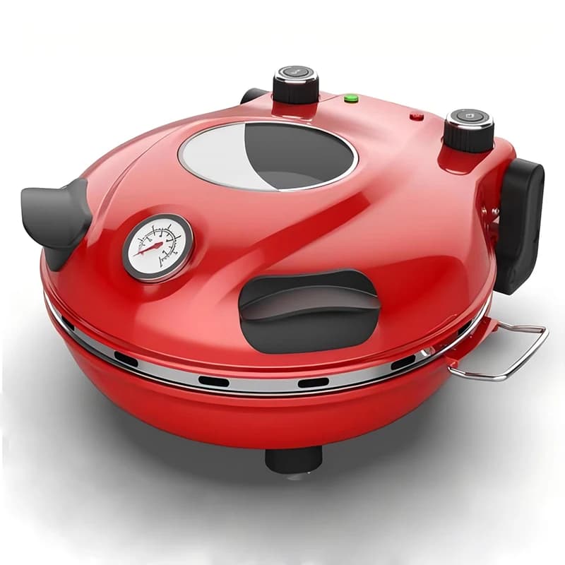 Forno per pizza con timer da finestra da 12 cm e controllo del termostato Pietra da forno rotonda refrattaria Copertura in acciaio inossidabile Macchina per sbucciare la pizza