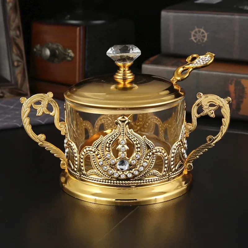 2025 hot-selling spot metal large sugar cup household European seasoning jar glass restaurant with spoon set