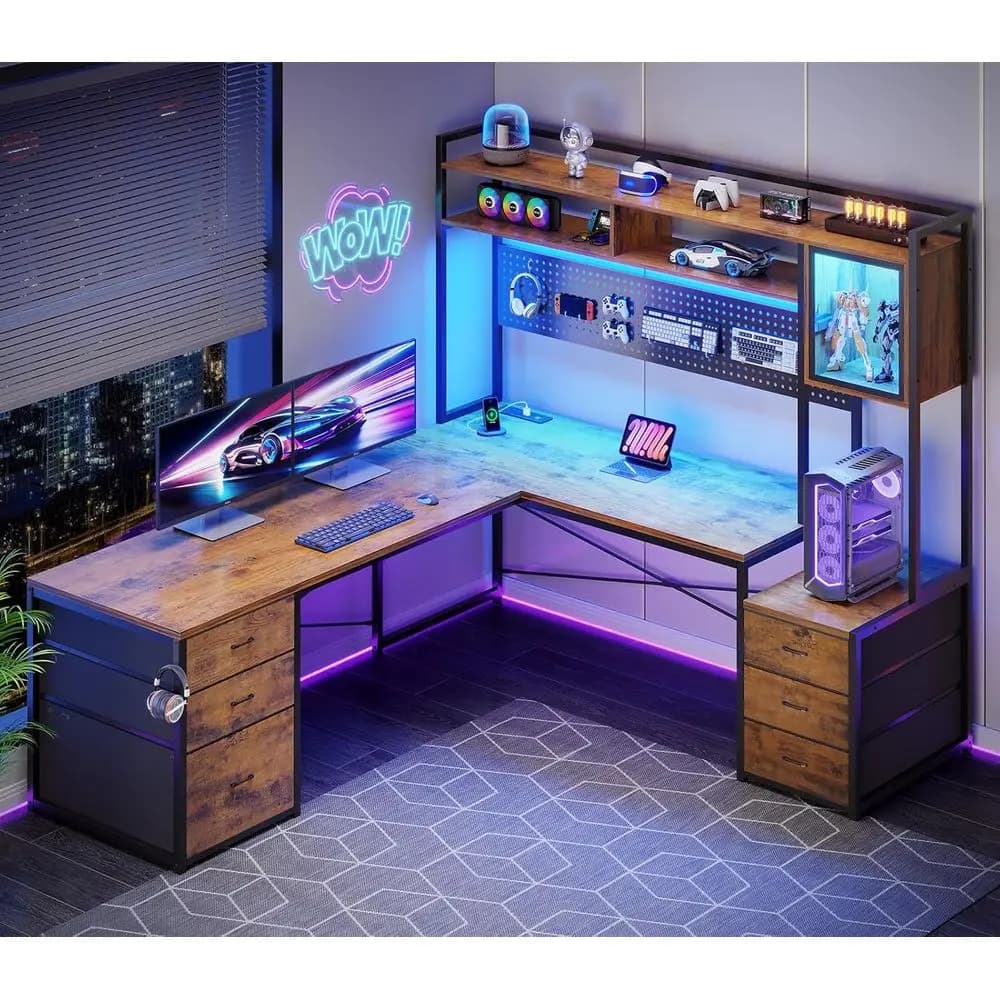 6 Drawer L-Shaped Gaming Desk with Reversible Top, LED Lights, Hutch, and Storage Shelves in Rustic Brown