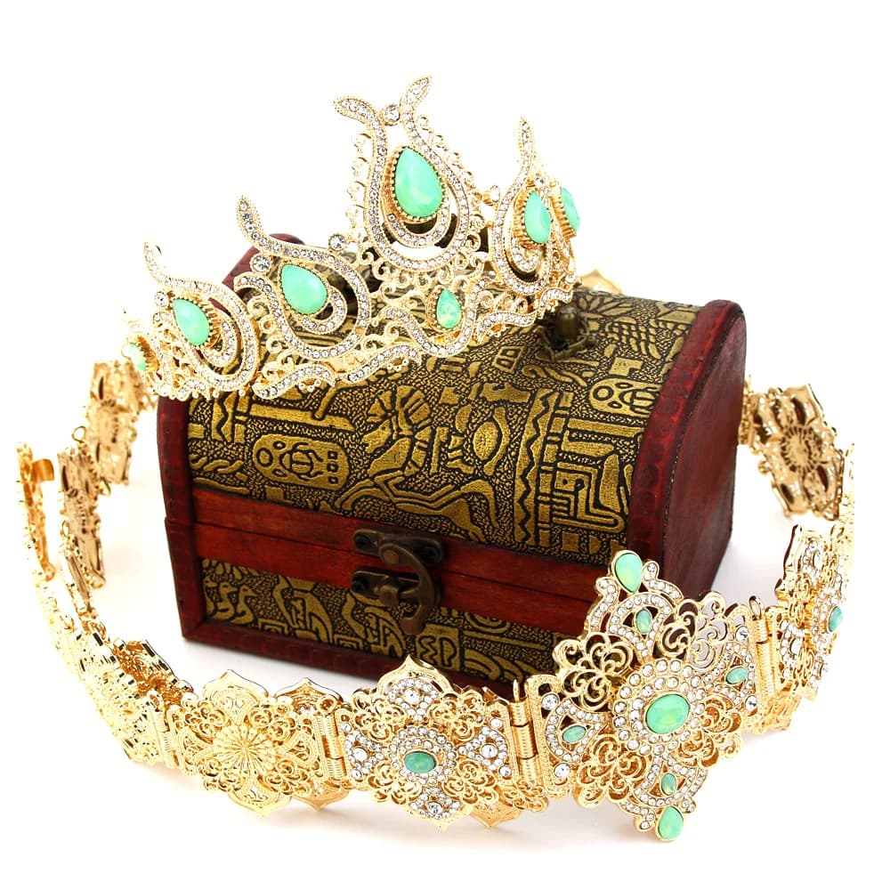 Sunspicems Mint-Green Crystal Algeria Women Belt Crown set colore oro arabo gioielli da sposa marocco caftano cintura catena diademi