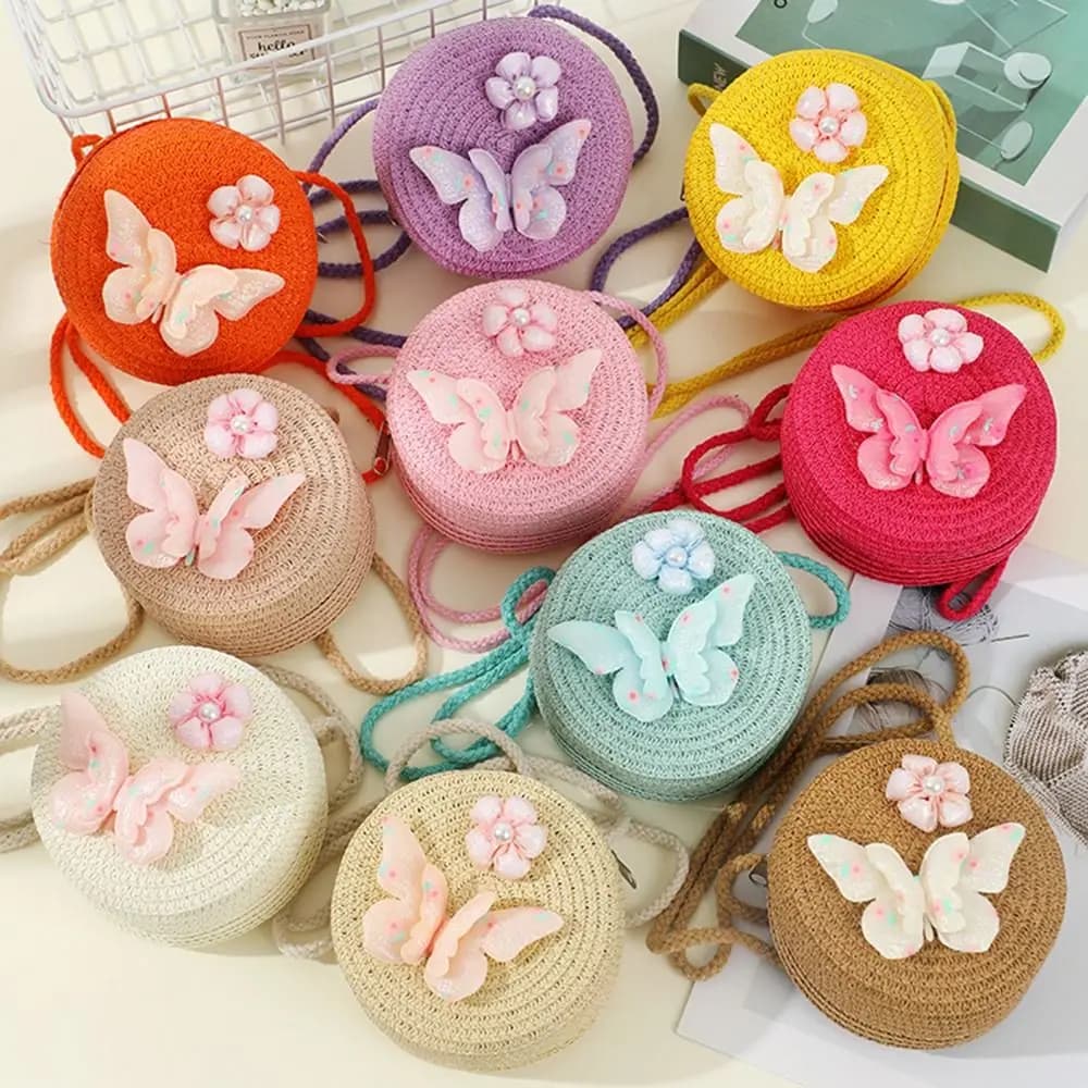 Round shape straw bag Mini Princess bag Children's shoulder bag Butterfly Flower summer beach bag Children's purse