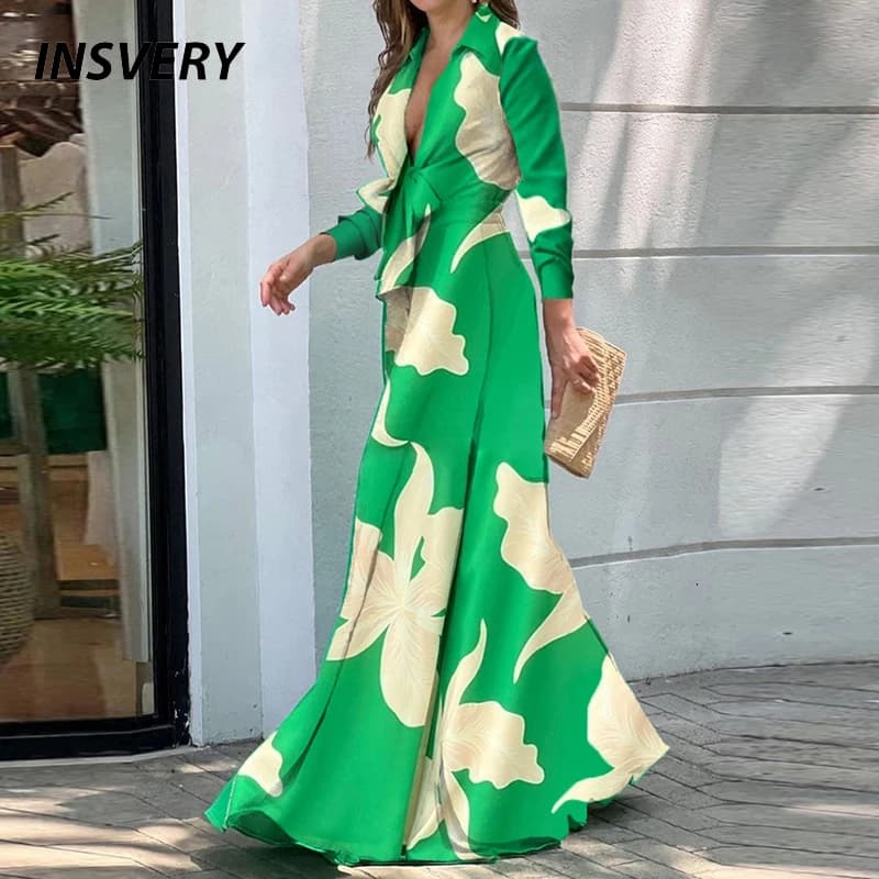 Eleganti Maxi abiti da donna con scollo a V e stampa floreale a maniche lunghe Casual a vita alta abito lungo Boho