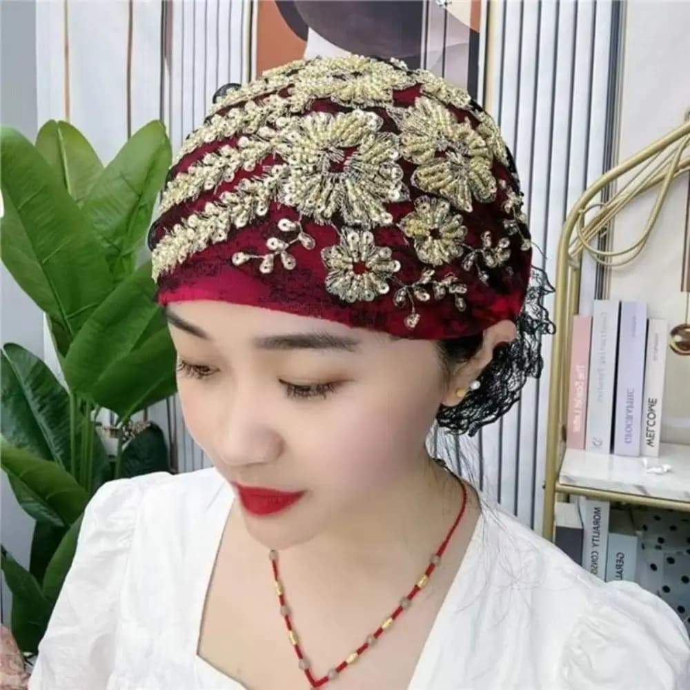 Phoenix Tail Floral Lace Caps Turban Cap Embroidery Women Headscarf Lightweight Glitter Beanie Hair Cover Cap Head Wraps