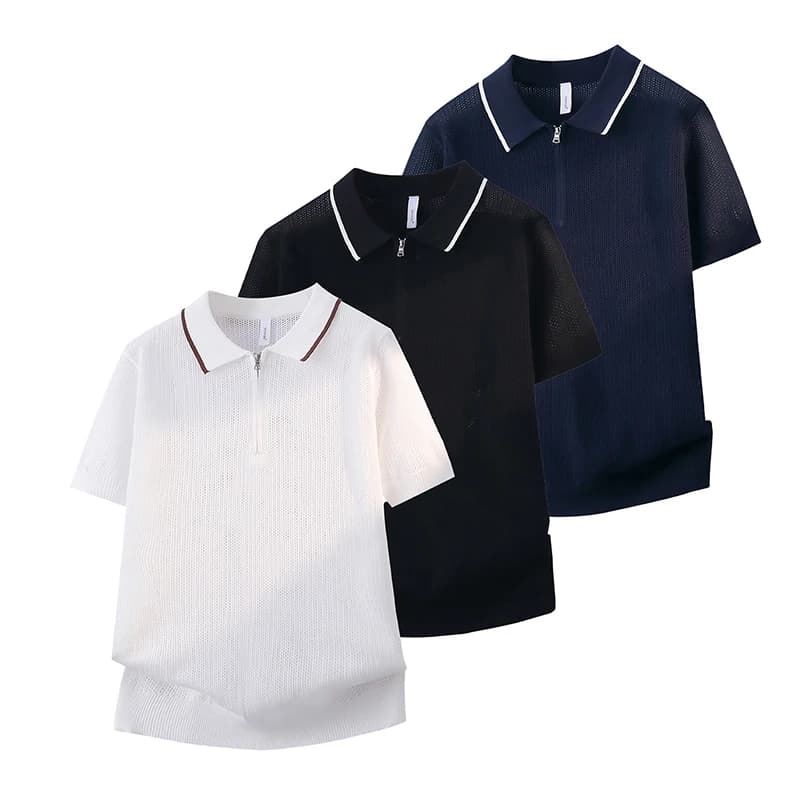 Summer Men Short-Sleeve Polo Shirt Half-Zip Pullover Knit Top Y2K Hollow Lapel Solid Men's Comfort Blouse Outdoor-Homewear Tops
