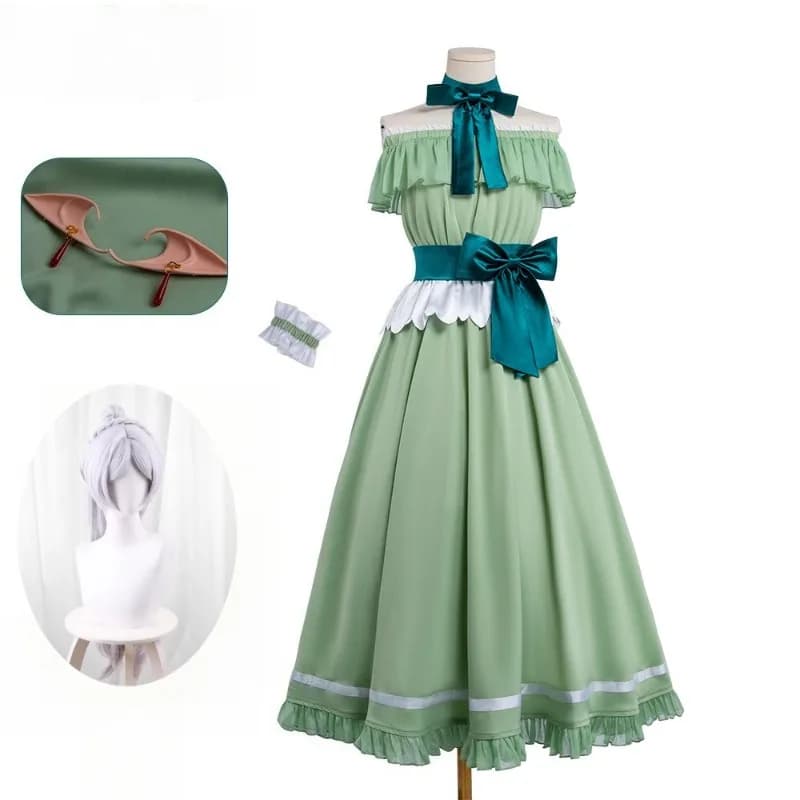 Costume cosplay Anime Frieren: elegante abito lungo verde con set di parrucche per donne e ragazze, abito da gioco di ruolo per feste di carnevale di Halloween