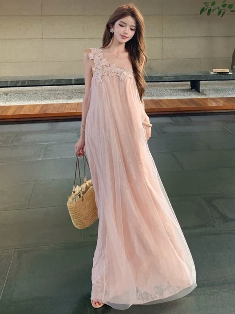 Abito lungo rosa in pizzo con spalle asimmetriche, vita alta, stile vacanza, in rete, snellente, Pure Desire Sweet Sexy