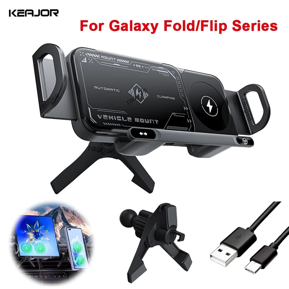 Wireless Car Charger Double Coil Folding Screen Quick Charging Support for Samsung Galaxy Z Fold 6 Flip 3 Car Phone Support with Air Grip