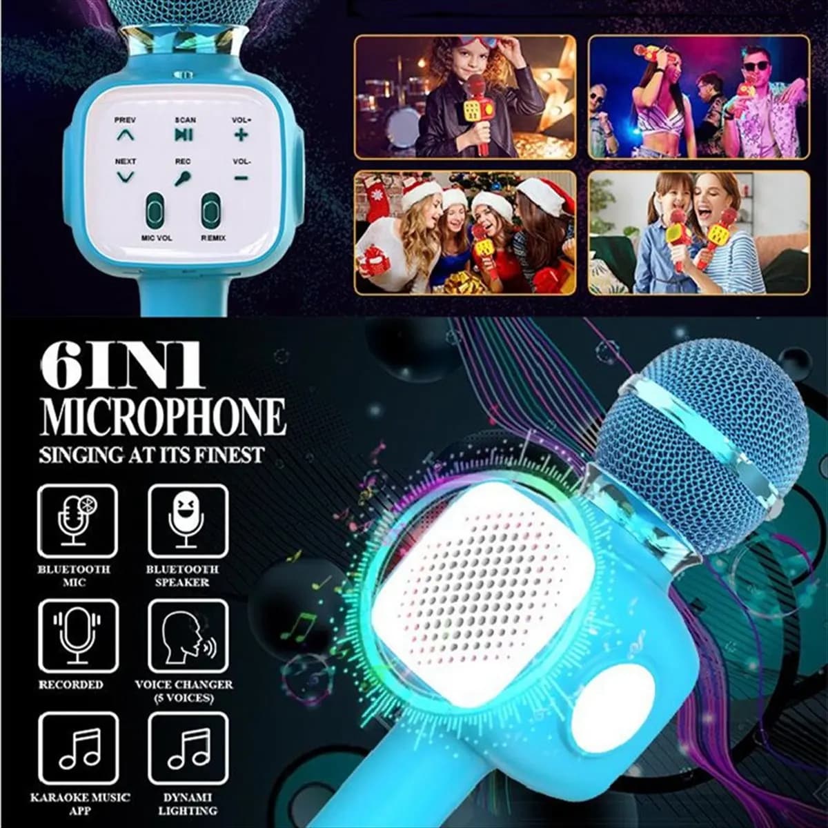 (A26M) Karaoke Microphone Bluetooth Wireless Professional Singing Machine Noise Reduction for Home KTV Party Kid Gift Blue