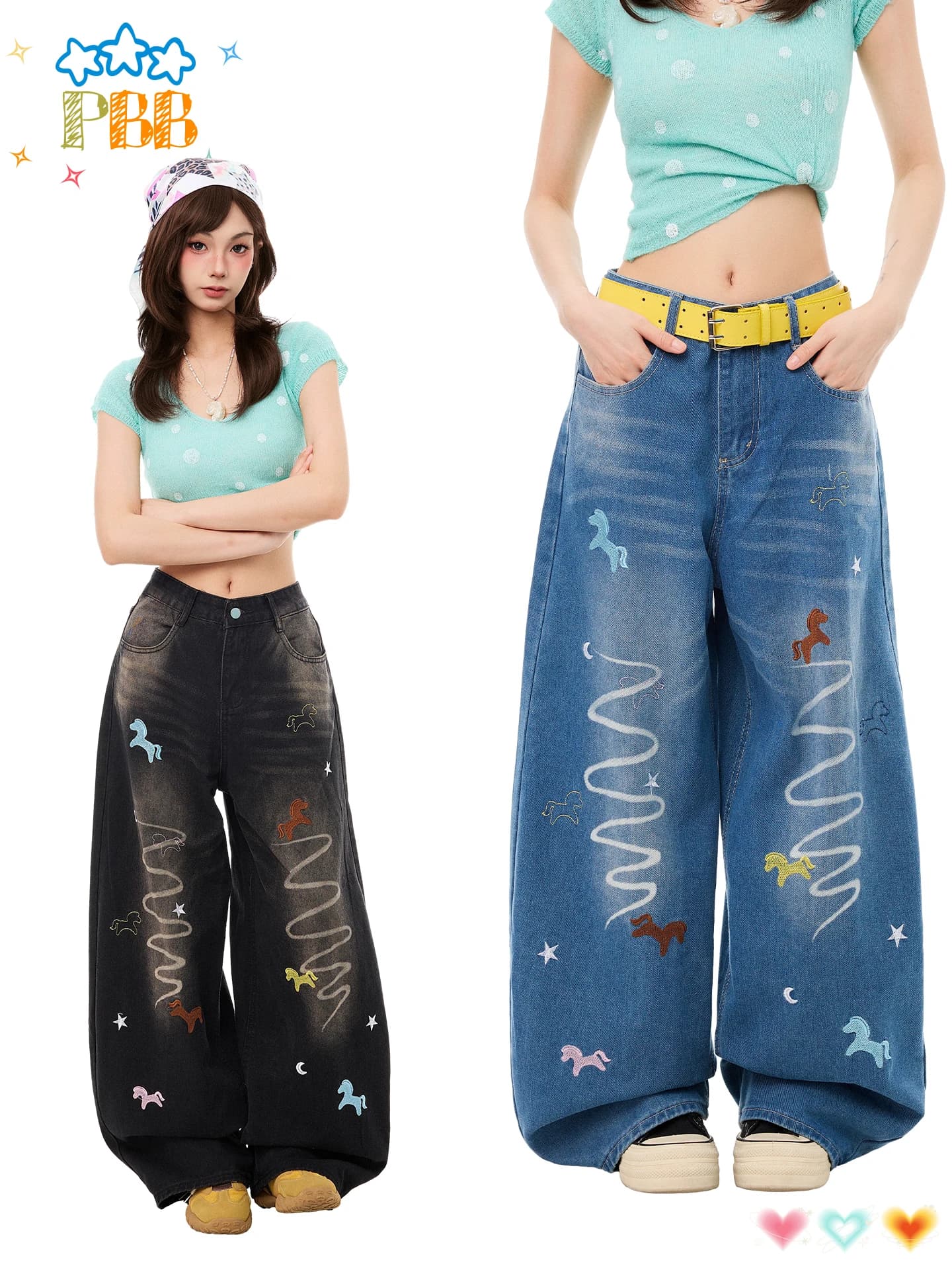 Retro American Cartoon Graffiti High Waist Wide Leg Jeans Women's Loose Fit Floor Length Pants Street Style Denim Jeans