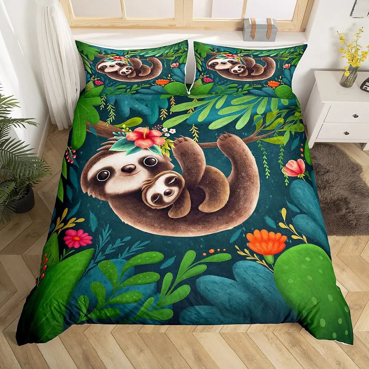 Set copripiumino con bradipo dei cartoni animati Set di biancheria da letto con animali carini per ragazzi e ragazze Set copripiumino con foglie tropicali con bradipo divertente