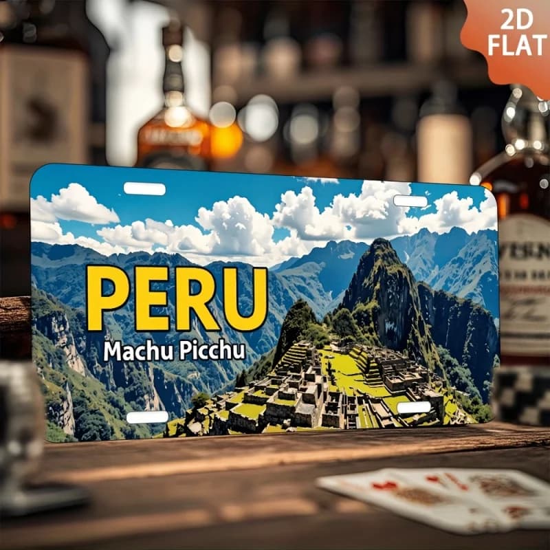 Targa in Metallo HD in Alluminio, Decorazione Murale Stile Targa Vintage Perù Machu Picchu, Design Retrò Paesaggio Montano Antico Meraviglia