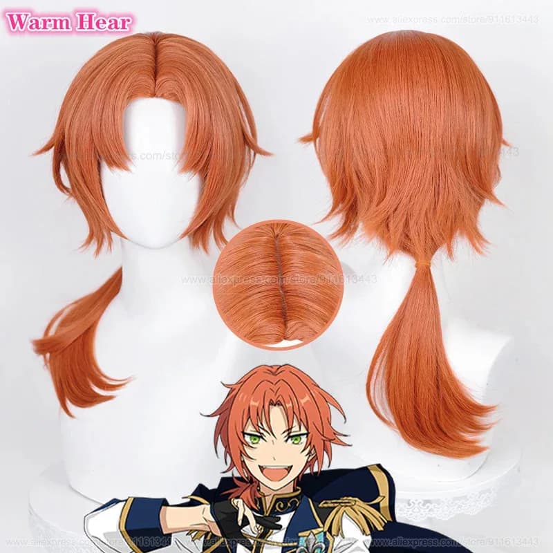 Anime ES Ensemble Star Tsukinaga Leo Arancione Lungo 60 cm Cosplay Resistente Al Calore Capelli Sintetici Parrucche Del Partito di Carnevale + Protezione Della Parrucca
