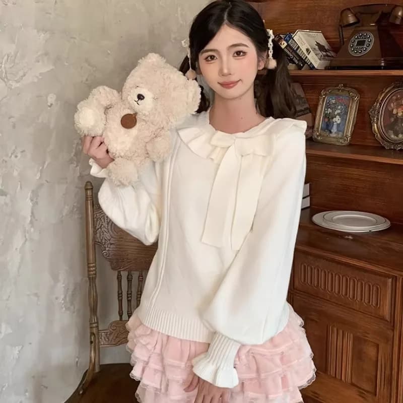 Giapponese Dolce Stile Lolita Pullover Lavorato A Maglia Delle Donne Kawaii Ruffles Arco O-Collo Maglione Autunno Inverno Femminile Carino Y2k Maglieria Top