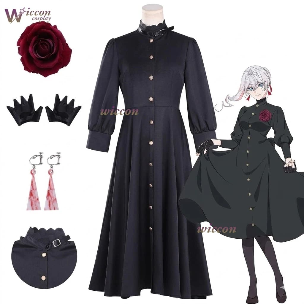 Anime May I Ask for One Final Thing Scarlet El Vandimion - Parrucca Nera, Abito Quotidiano, Completo Cosplay con Orecchini per Halloween