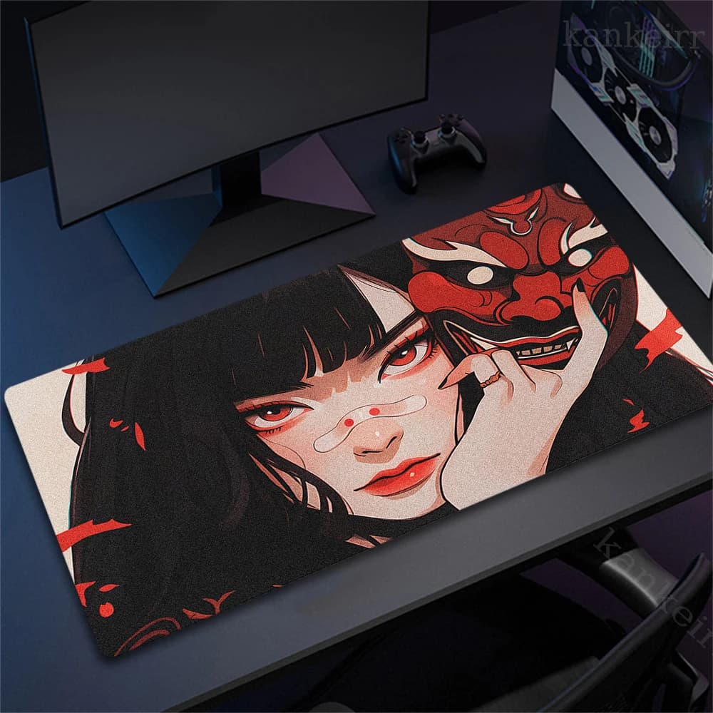Oni Mask Locking Edge Tappetino per mouse grande Gamer Tappetino per mouse per computer professionale Anime Girls Gaming Mausepad XXL Gioco Tappeto con stampa HD