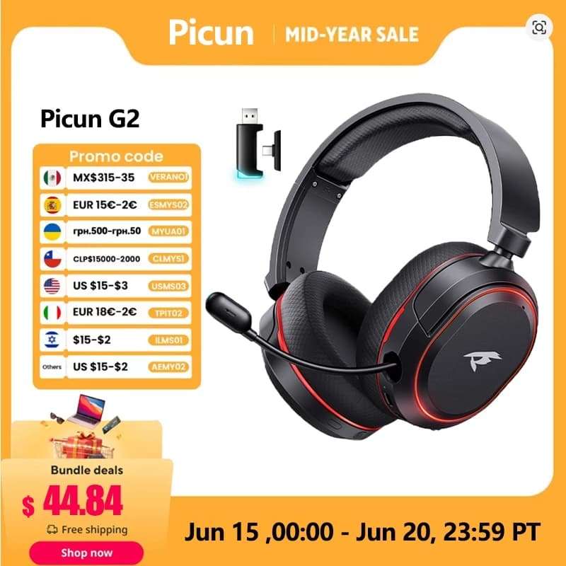 Picun G2 2.4G Wireless gaming headphones Bluetooth 5ms Low latency 7.1 Surround ENC Mic for PC PS4 PS5 Phone switch