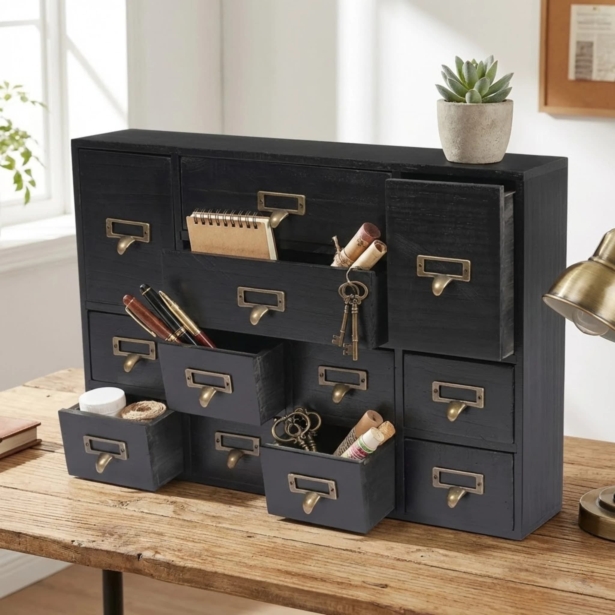 Organizzatore da Scrivania in Legno a 12 Cassetti, Mobile Rustico per Gioielli e Cosmetici con Portaetichette, Scatola Nera Preassemblata