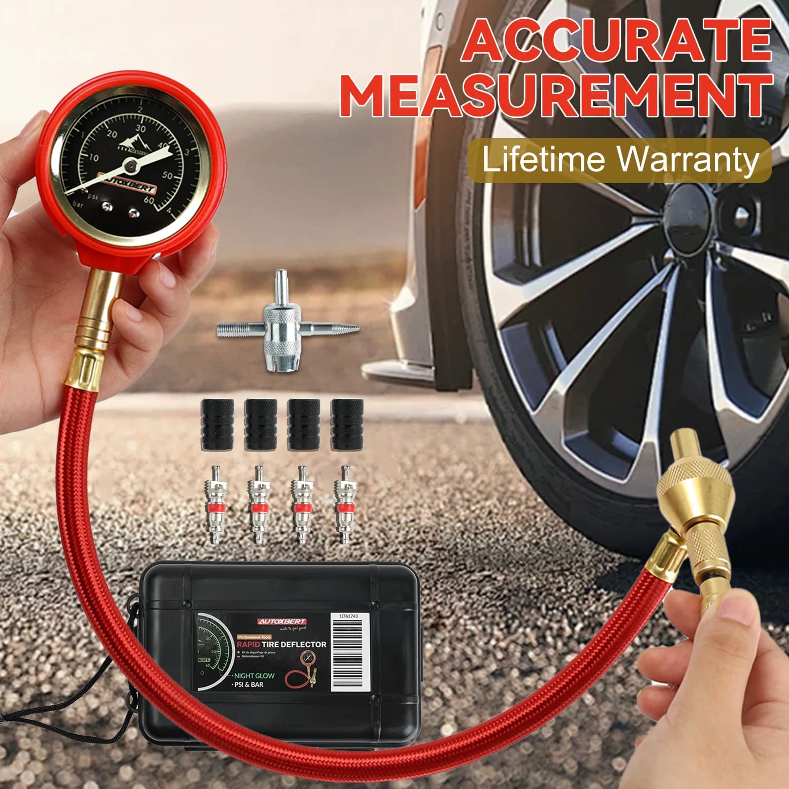 RapidFlow Kit di sgonfiaggio pneumatici 0-60 PSI Glow Dial Manometro aria a doppia scala per Jeep Truck ATV SUV Etc accessori fuoristrada 4x4