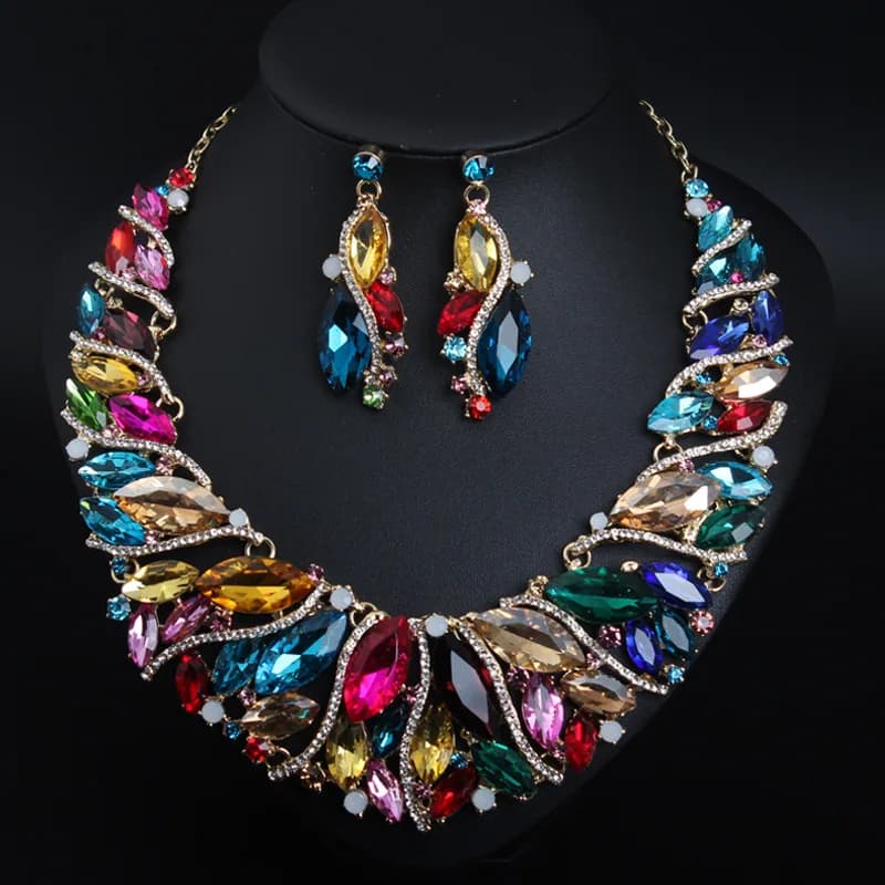 Accessori fai da te per e-commerce transfrontaliero, set di collana e orecchini in cristallo esagerati in stile europeo e americano, gioielli da sposa per banchetti.