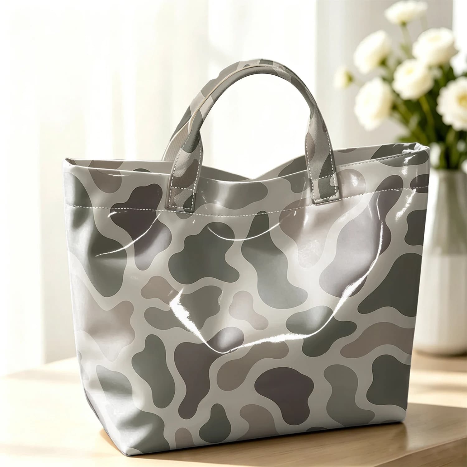 Neutral Camo Fashion Large Glossy PVC Tote Bag Hand Washable Waterproof Perfect Travel Commute Cosmetic Storage Shopper