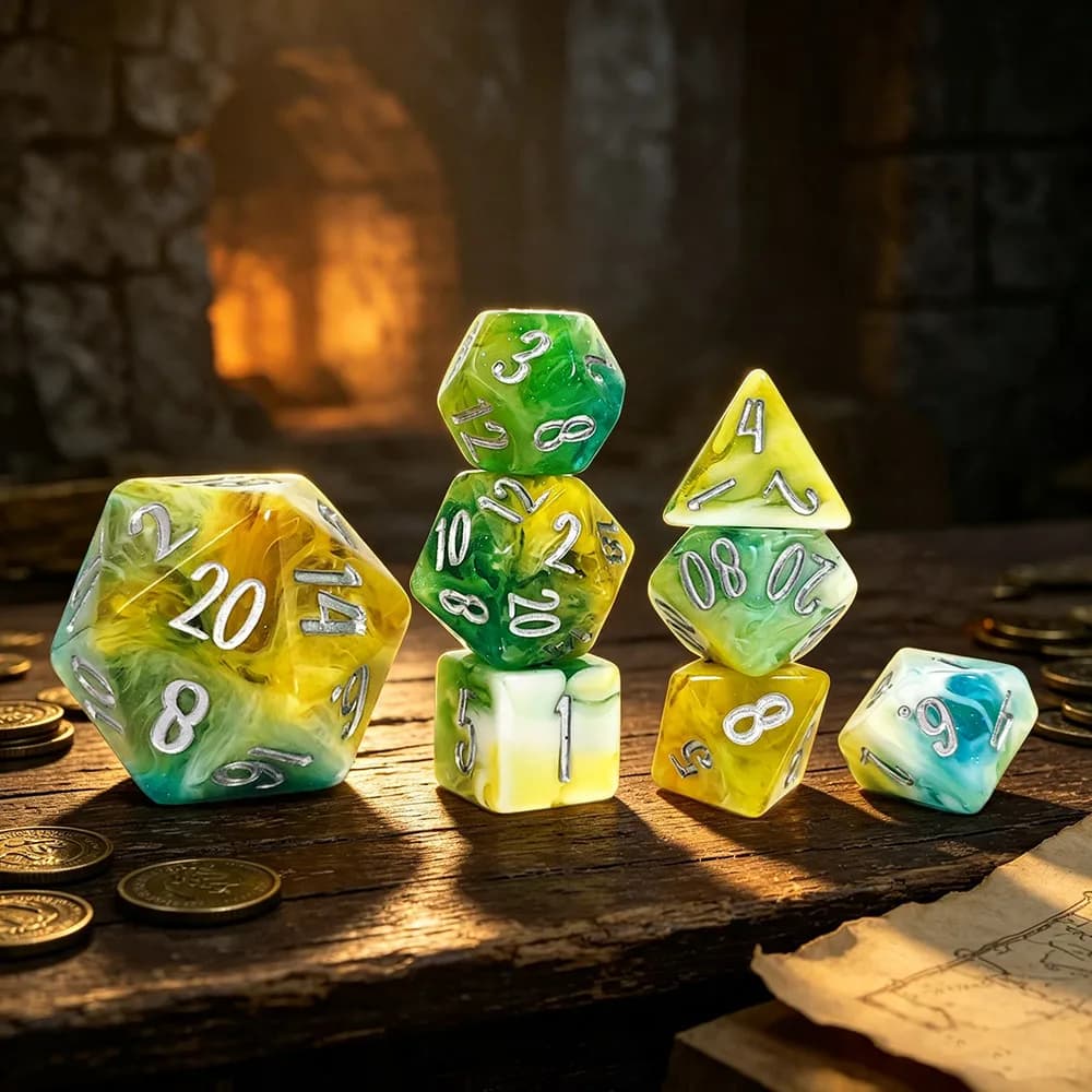 8PCS Resin Polyhedral Dice Set Green Yellow Color DND RPG Dice For Dungeons & Dragons MTG Tabletop Role‑Playing Board Game Games