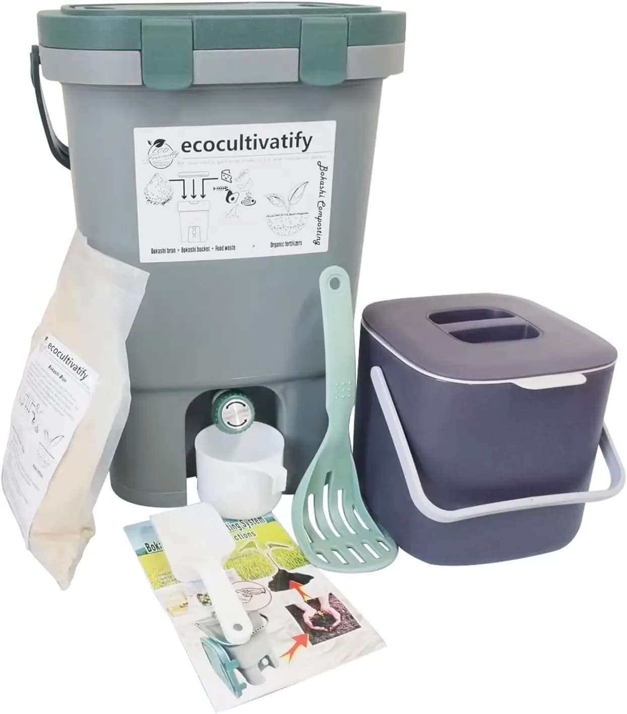 Composter Bokashi da 20L, Composter da Cucina con Coperchio, Kit Iniziale con Crusca (Grigio)