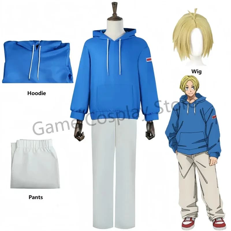 Figure Anime Shin Asakura Costume Cosplay Uniforme Blu Felpa con cappuccio Pantaloni Shin Asakura Parrucca Halloween Abbigliamento uomo