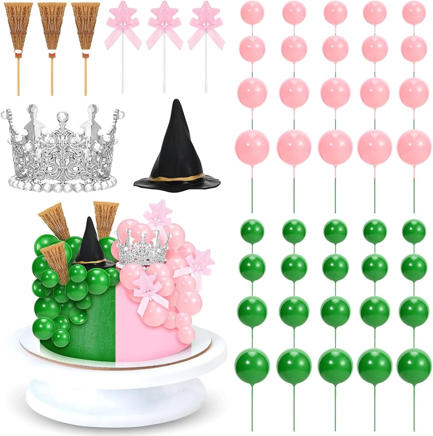 Forniture per feste a tema strega Palline verdi e rosa Corona d'argento, scopa e cappello da strega nero per decorazioni per torte per feste da principessa di Halloween
