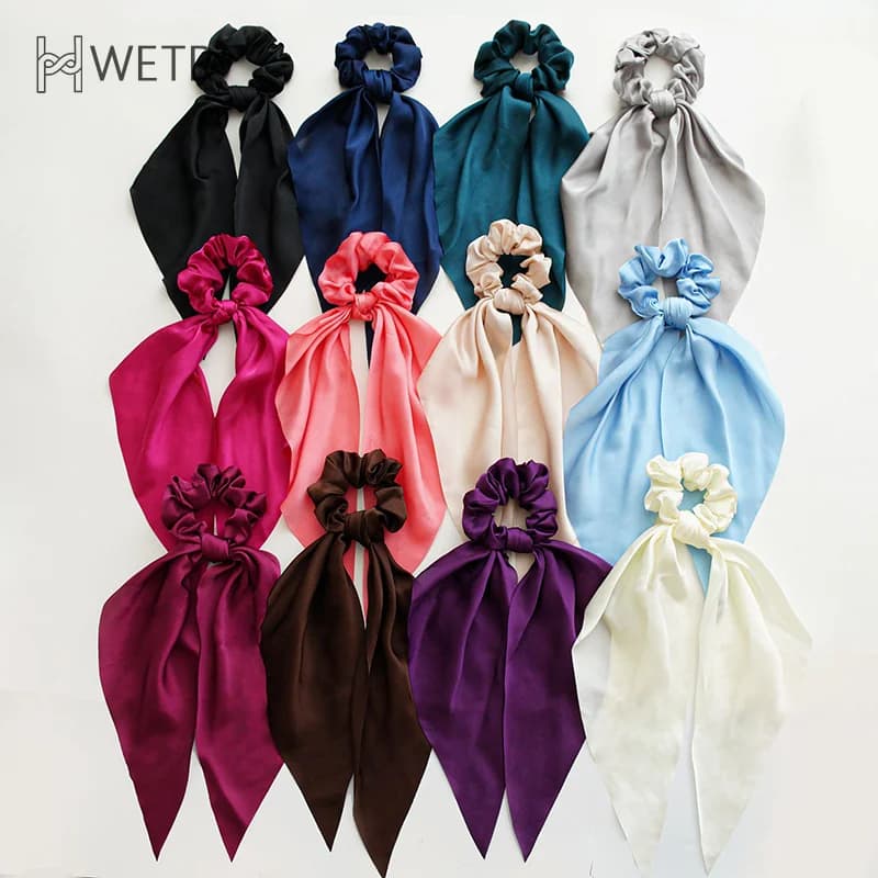 Moda tinta unita fiocco in raso lungo nastro coda di cavallo sciarpa cravatta per capelli Scrunchies donne ragazze fasce elastiche per capelli accessori per capelli