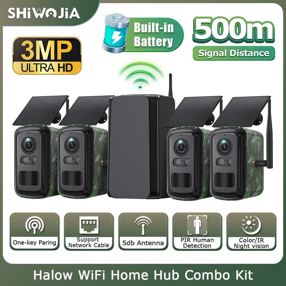 SHIWOJIA 3MP Home Hub Sistema di telecamere solari Kit 4 telecamere WiFi esterno Telecamera di sicurezza solare Set Conversazione bidirezionale Commissioni zero Sempre gratis