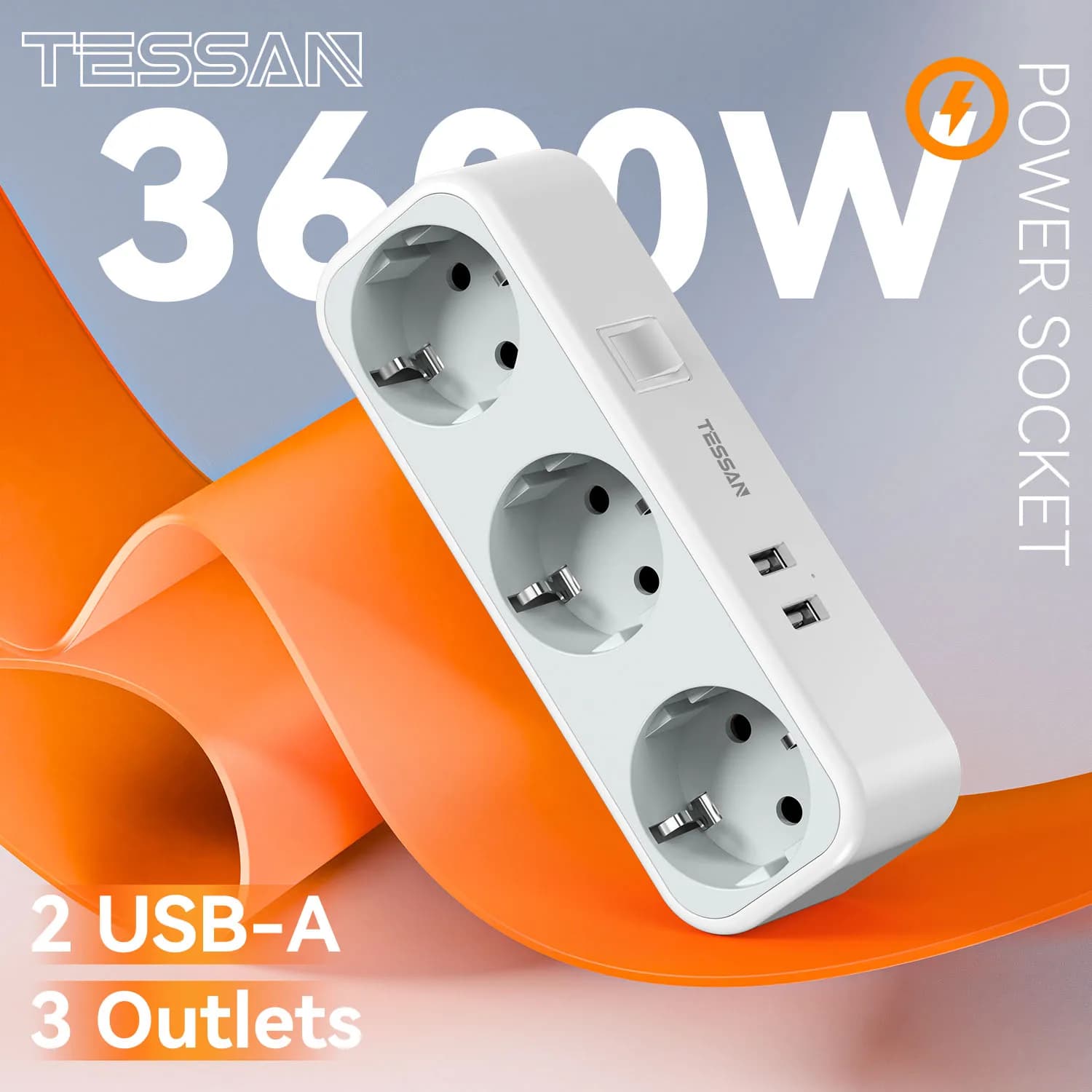 Prolunga per presa a muro USB TESSAN con 3 prese CA + 2 porte USB, adattatore di alimentazione con spina EU, interruttore di protezione da sovraccarico per casa/ufficio