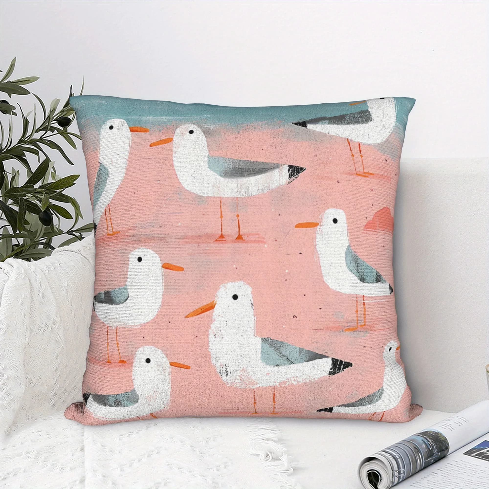 Seagulls On The Shore Double-Sided Throw Pillowcase Decorative Coastal Cushion Cover for Sofa Bed Home Decor